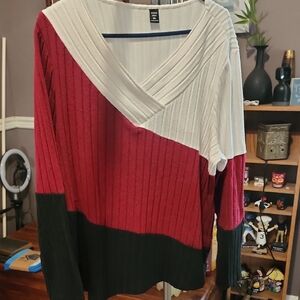 SHEIN Red and White V-Neck Sweater with Ribbed Knit
